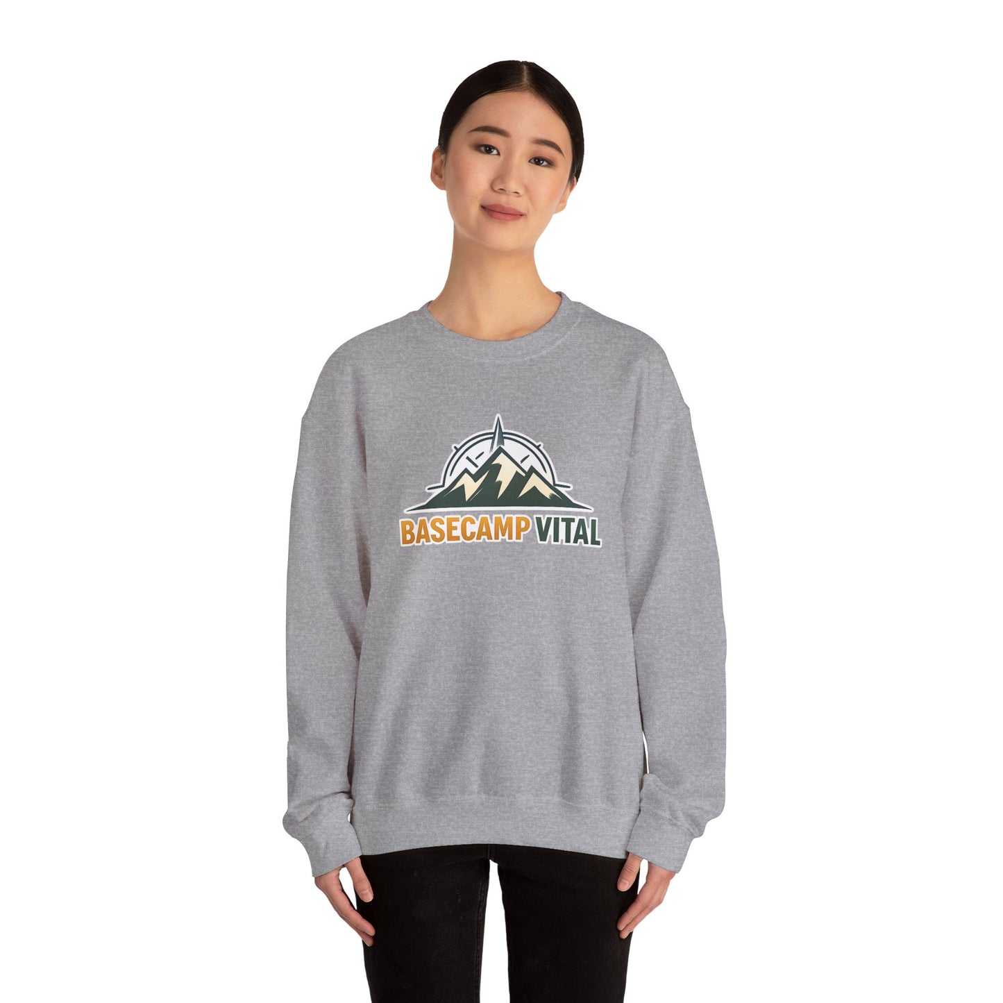 Base Camp Vital Mountain Embroidered Crewneck Sweatshirt | Cozy Hiking & Camping Pullover | 50/50 Midweight  Vital Mountain Crewneck Sweatshirt — Outdoor Adventure Logo Pullover (free shipping)