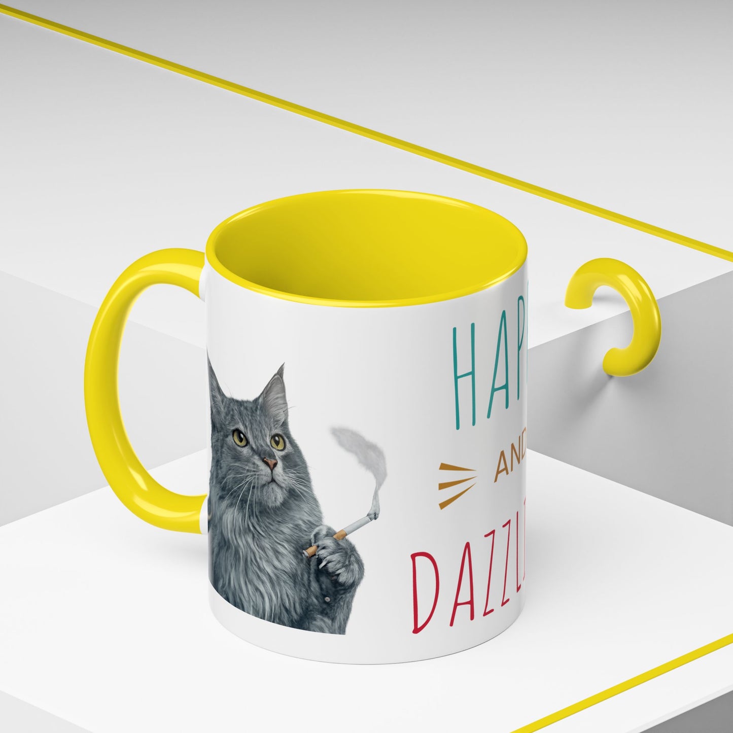 Happy and Dazzling smoking Cat Coffee Mug — Cute Cat smoking a cigarette Illustration Accent Mug (11/15 oz) (free shipping)