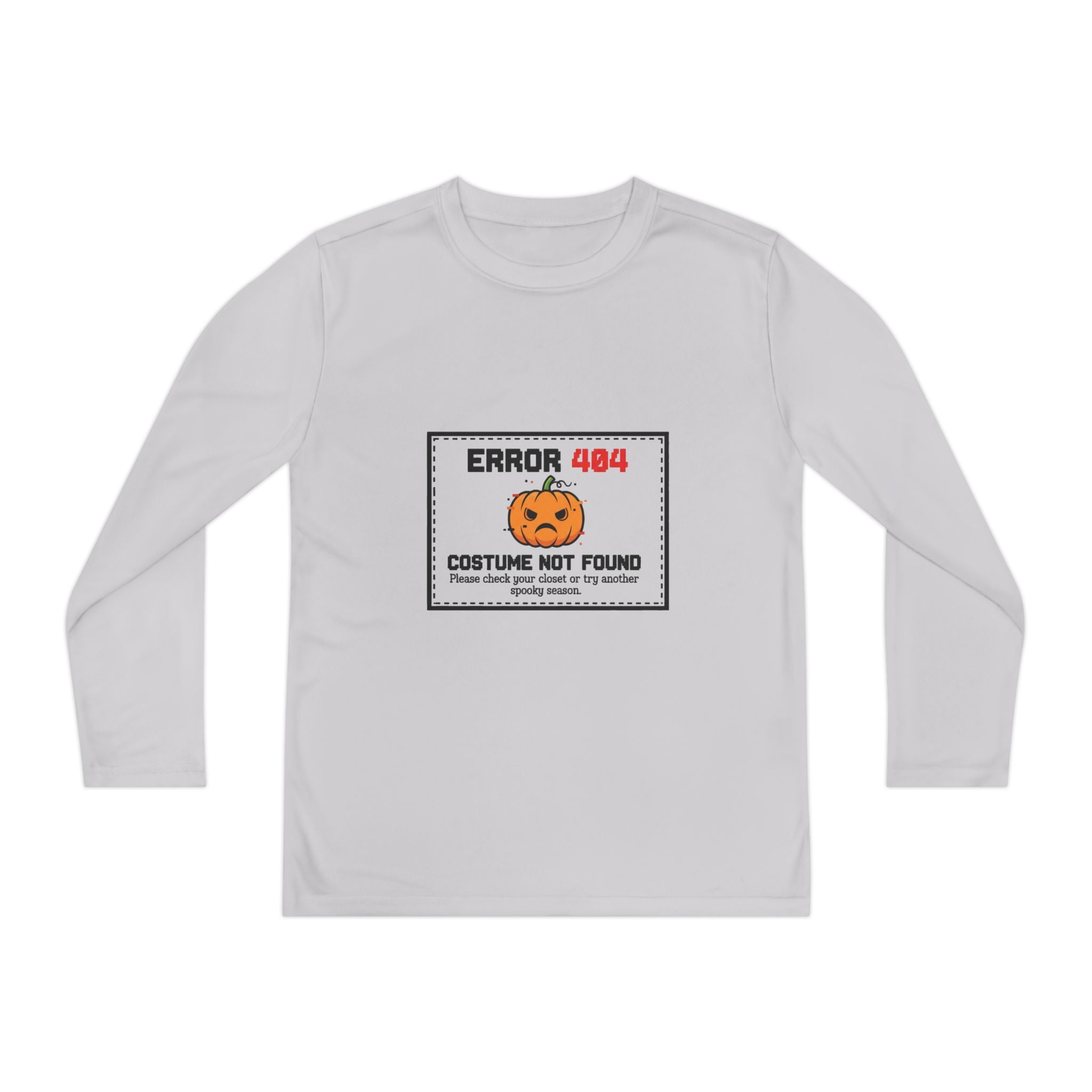 Youth Long Sleeve Halloween Tee, Kids Costume Shirt, Spooky Error 404 Top, Funny Trick-or-Treat Apparel, Halloween Party Outfit