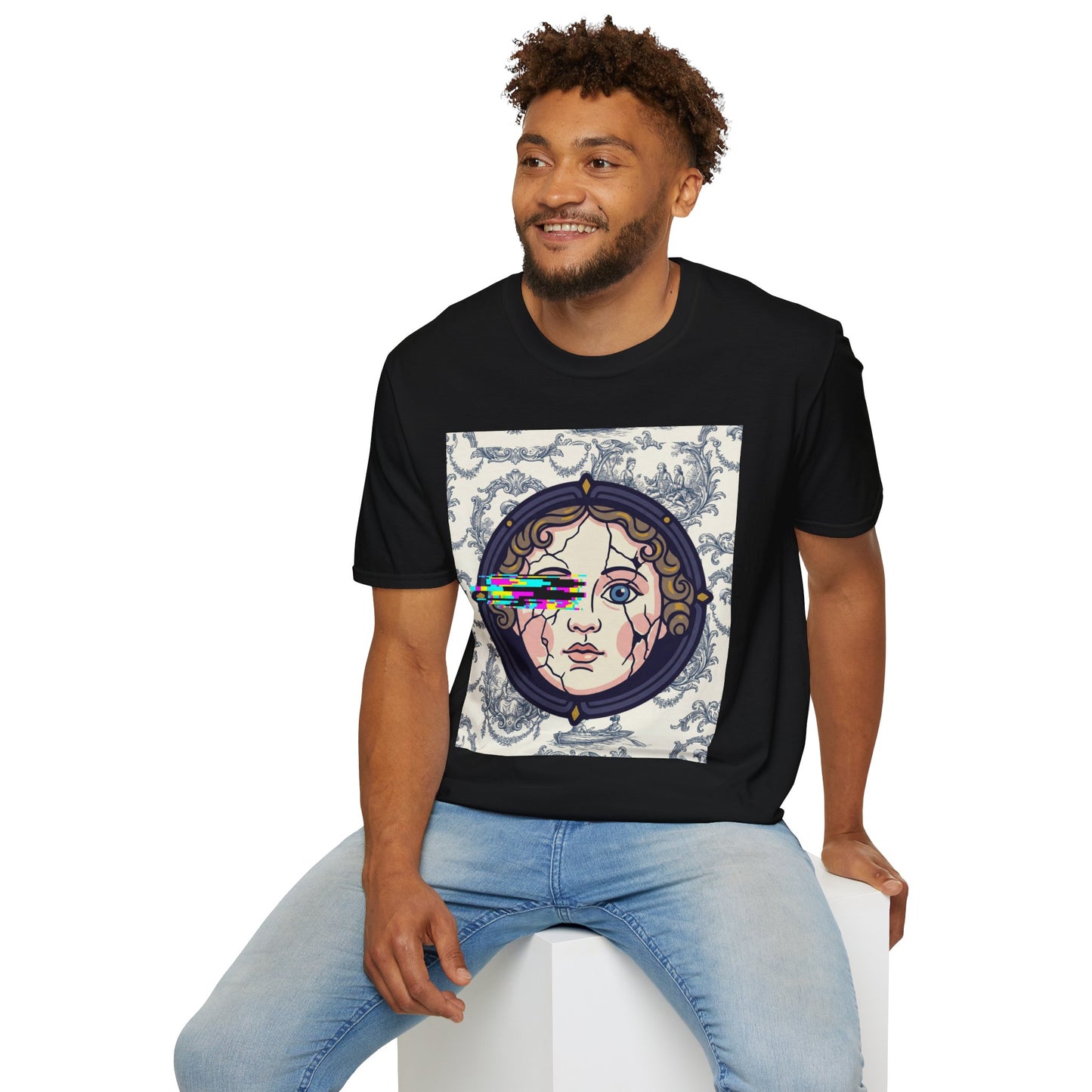 Glitch retro cracked porcelain doll face- Rococo Smartphone Toile - T-Shirt — Retro Mythology Art Tee