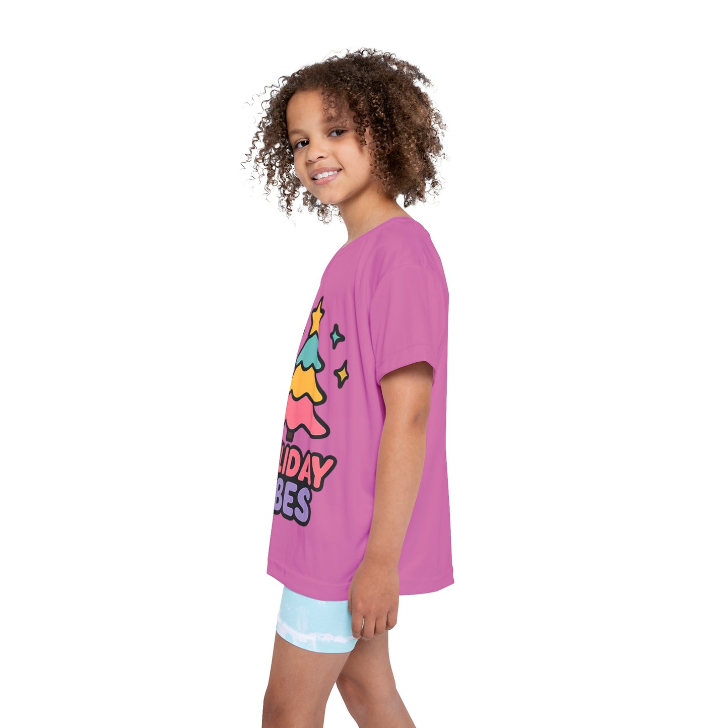 Kids Holiday Vibes Jersey — Cute Pink Christmas Tree Sports Tee