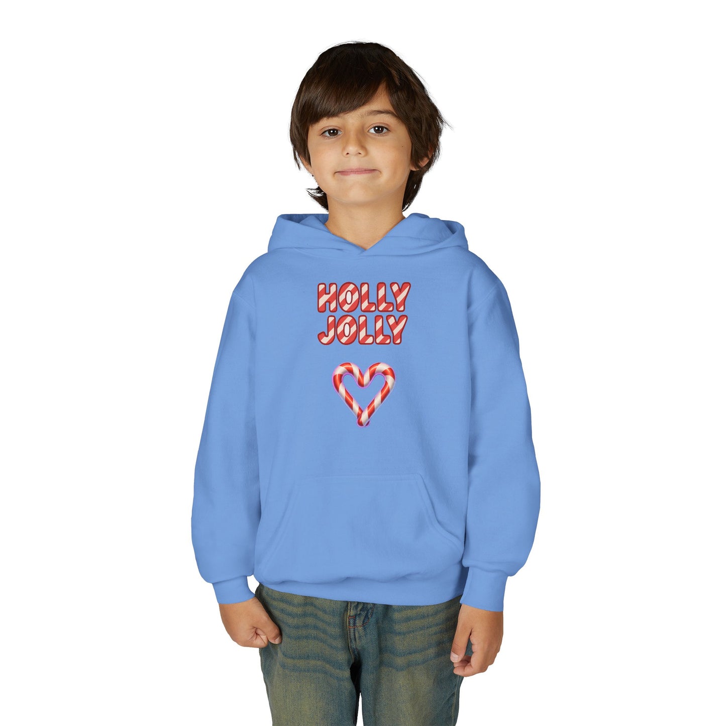 Youth Hoodie — "Holly Jolly" Candy Cane Heart Christmas Sweatshirt