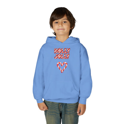 Youth Hoodie — "Holly Jolly" Candy Cane Heart Christmas Sweatshirt