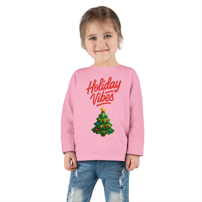Holiday Vibes unisex Toddler Long Sleeve Tee – Cute Christmas Tree Kids Shirt