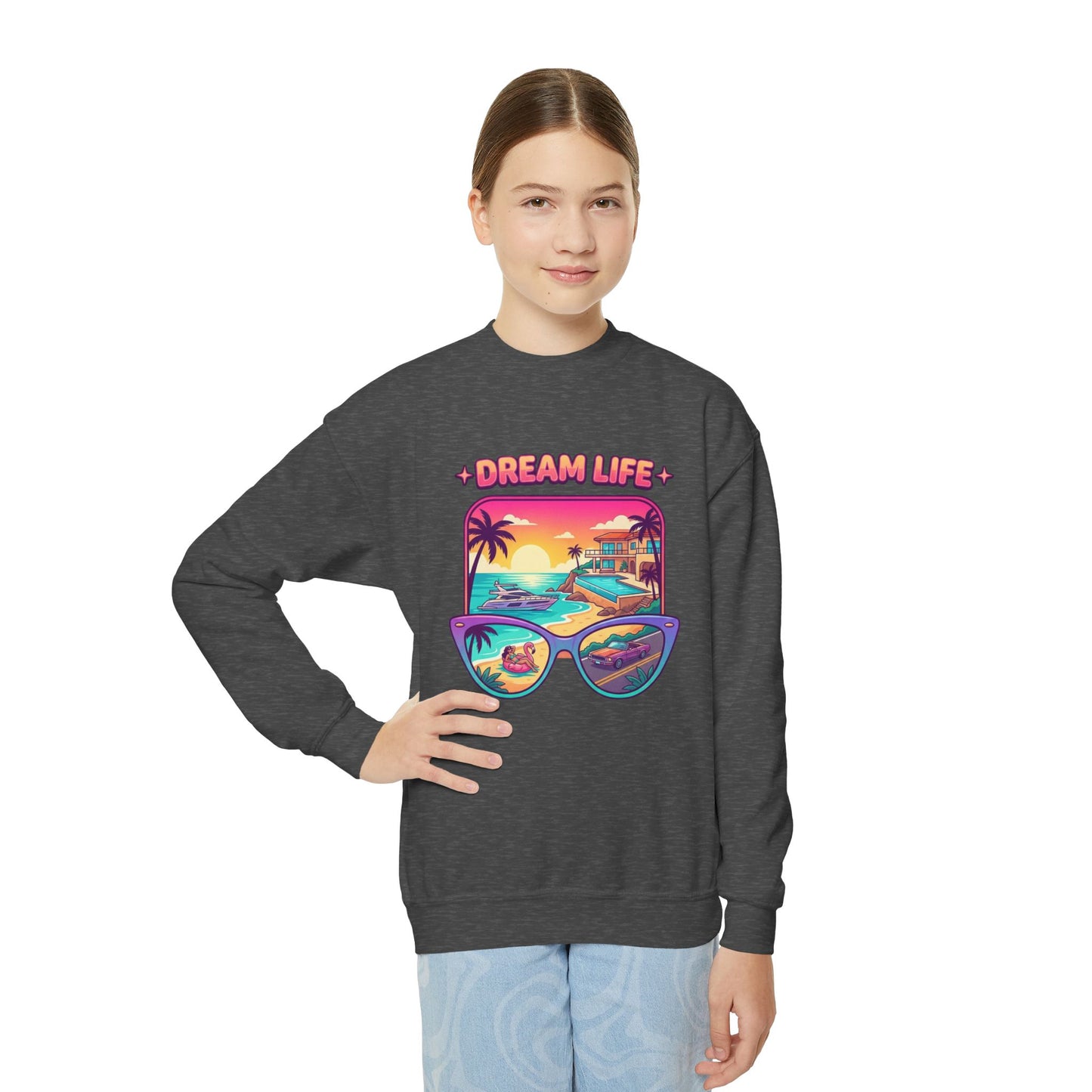 Girls Youth Crewneck Sweatshirt - "Dream Life" Tropical Sunset Graphic