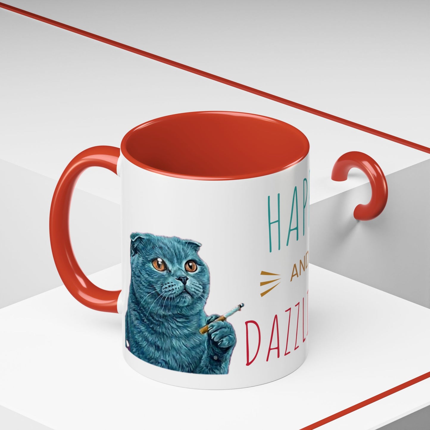 Happy and Dazzling Accent Coffee Mug — Cute Cat Art, Motivational Tea & Coffee Cup (free shipping)