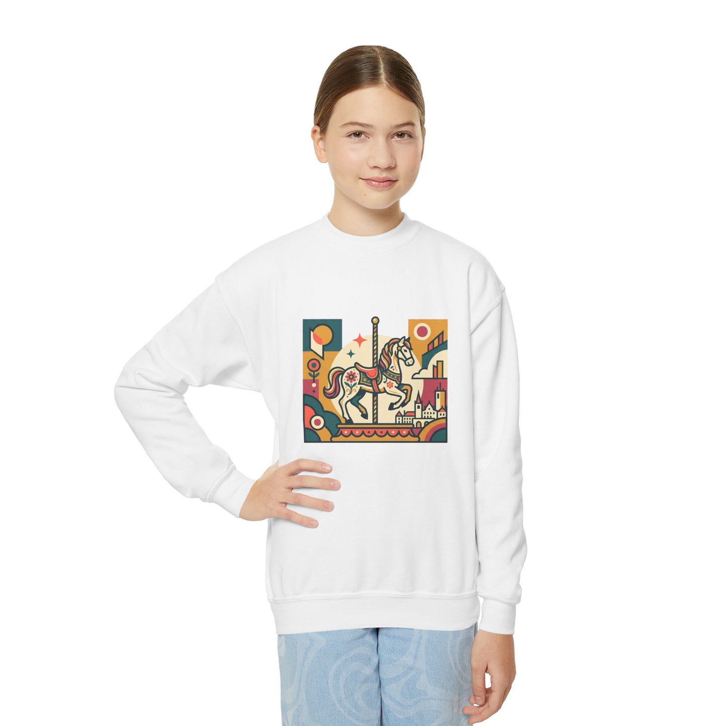 Youth Crewneck Sweatshirt — Retro Carousel Horse Graphic