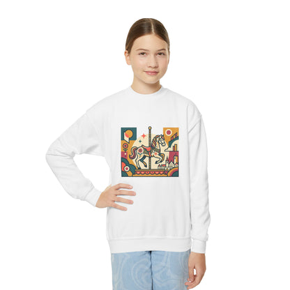 Youth Crewneck Sweatshirt — Retro Carousel Horse Graphic