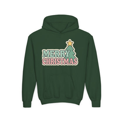 Kids youth Merry Christmas Hoodie — Pastel Tree Holiday Pullover