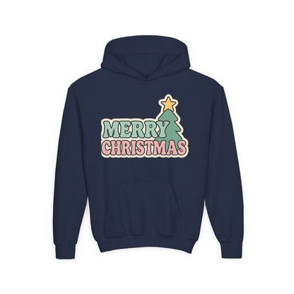 Kids youth Merry Christmas Hoodie — Pastel Tree Holiday Pullover