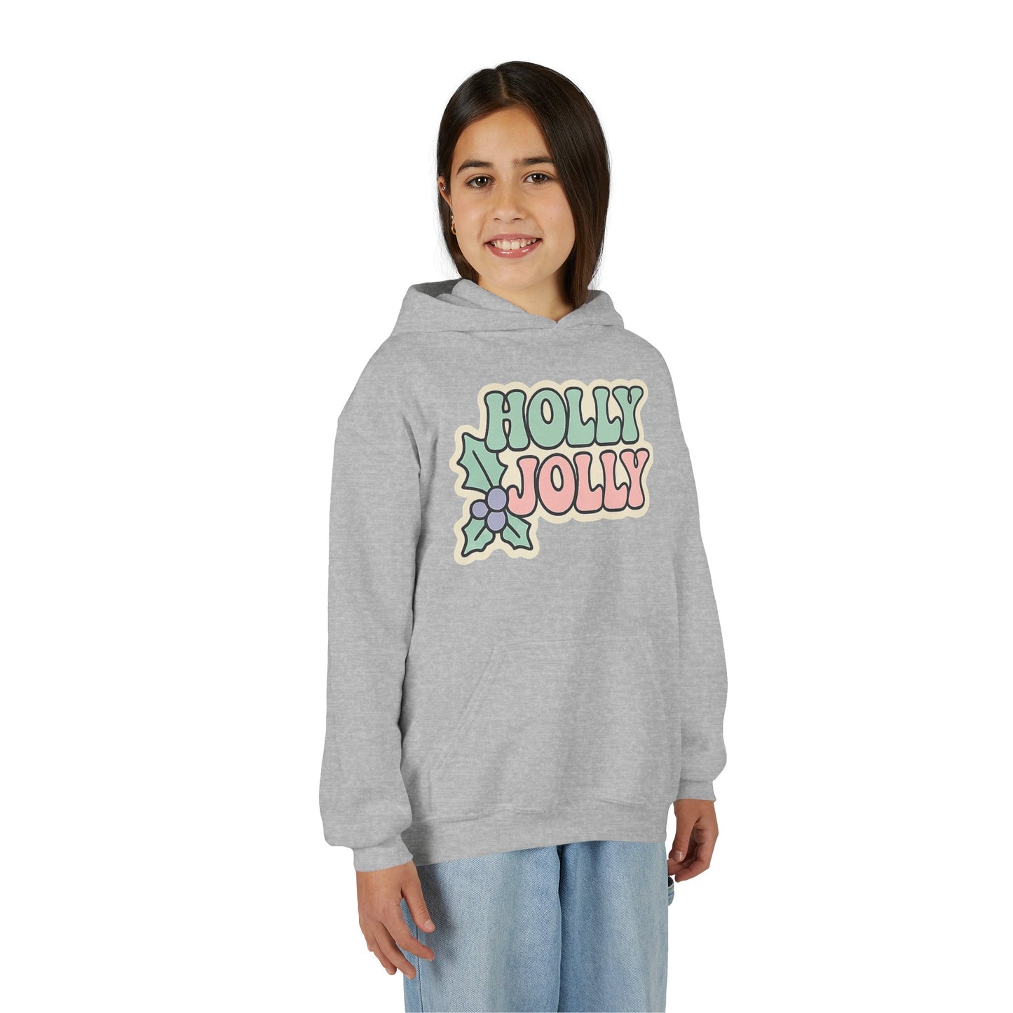 Girls Youth Hoodie — 'Holly Jolly' Pastel Christmas Holiday Sweatshirt