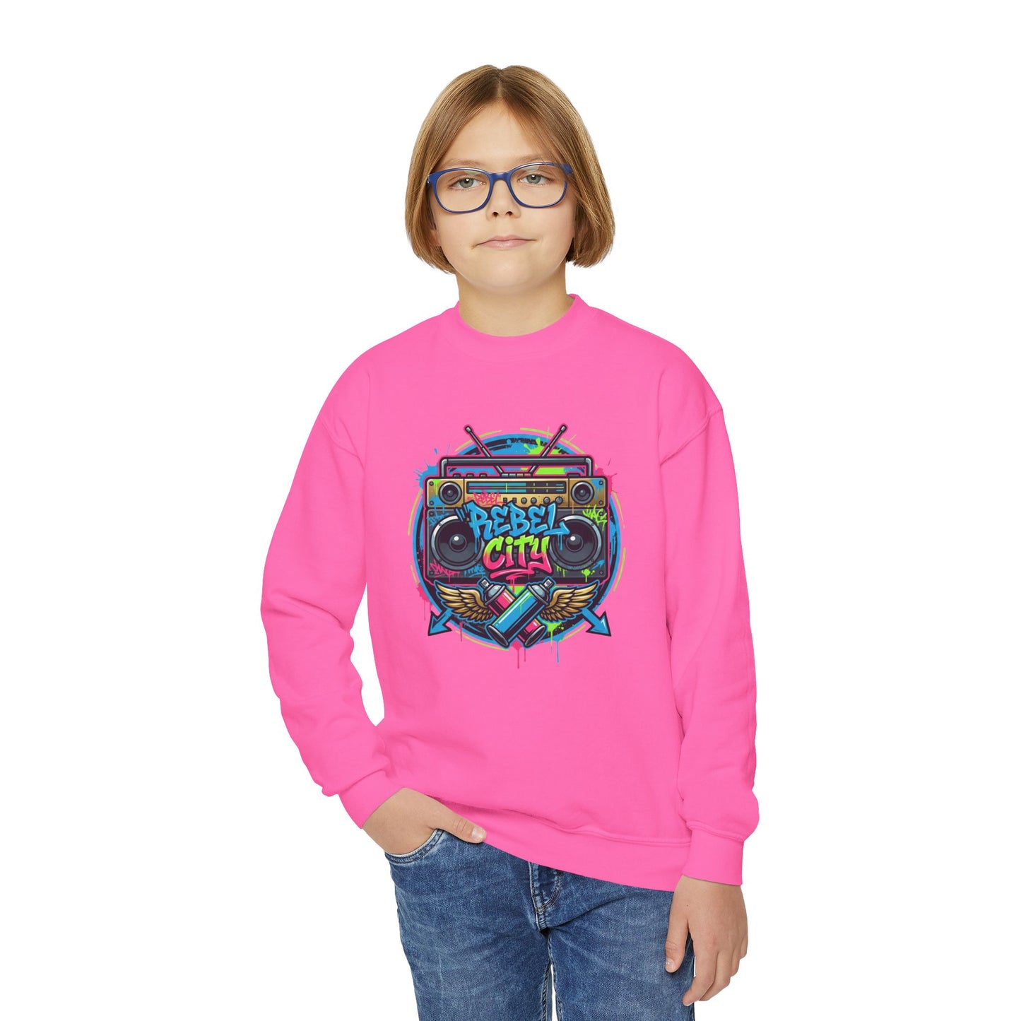 Youth Crewneck Sweatshirt — Vibrant Retro Boombox “Rebel With” spray paint Graphic