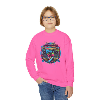 Youth Crewneck Sweatshirt — Vibrant Retro Boombox “Rebel With” spray paint Graphic