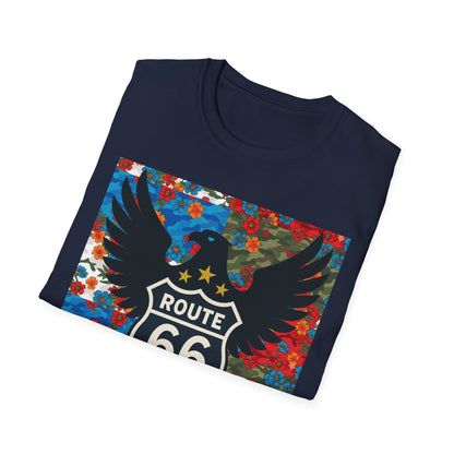 Route 66 Made in USA T-Shirt — Vintage Eagle Floral Roadtrip Tee- camo flower combo T-shirt