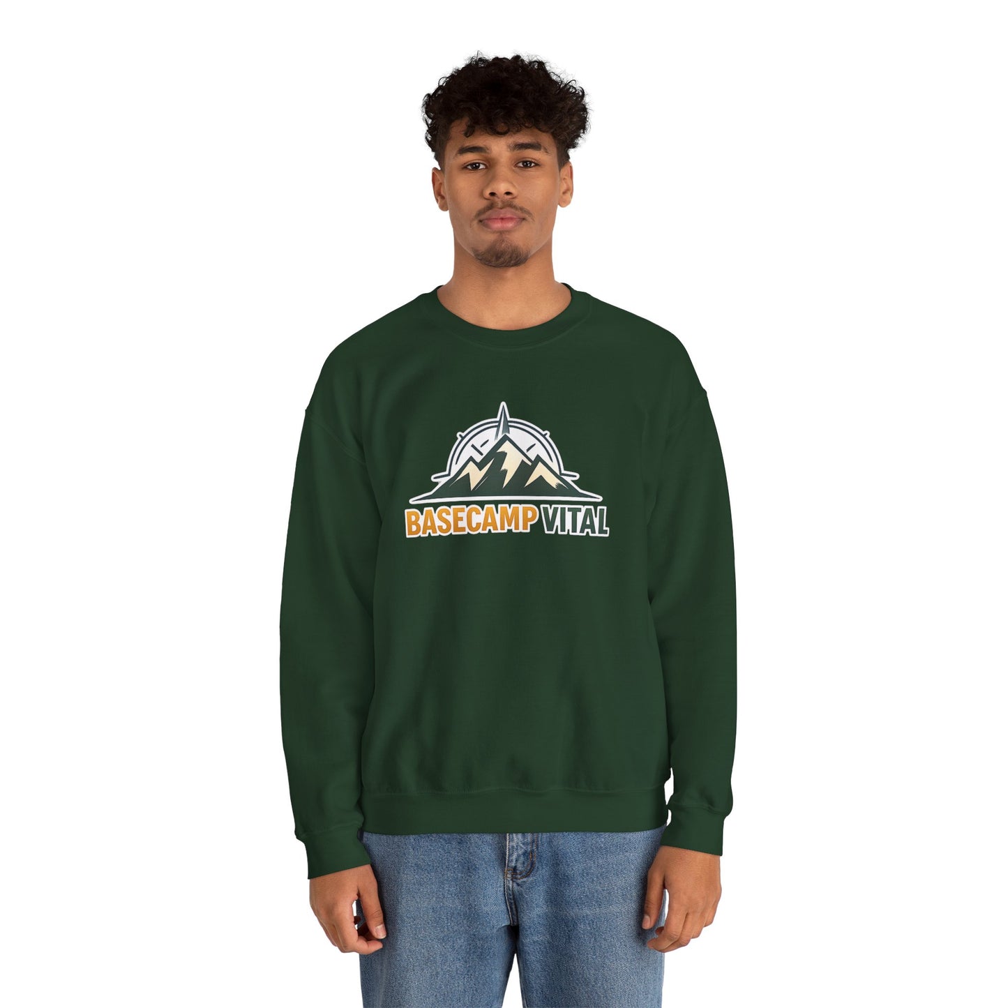 Base Camp Vital Mountain Embroidered Crewneck Sweatshirt | Cozy Hiking & Camping Pullover | 50/50 Midweight  Vital Mountain Crewneck Sweatshirt — Outdoor Adventure Logo Pullover (free shipping)