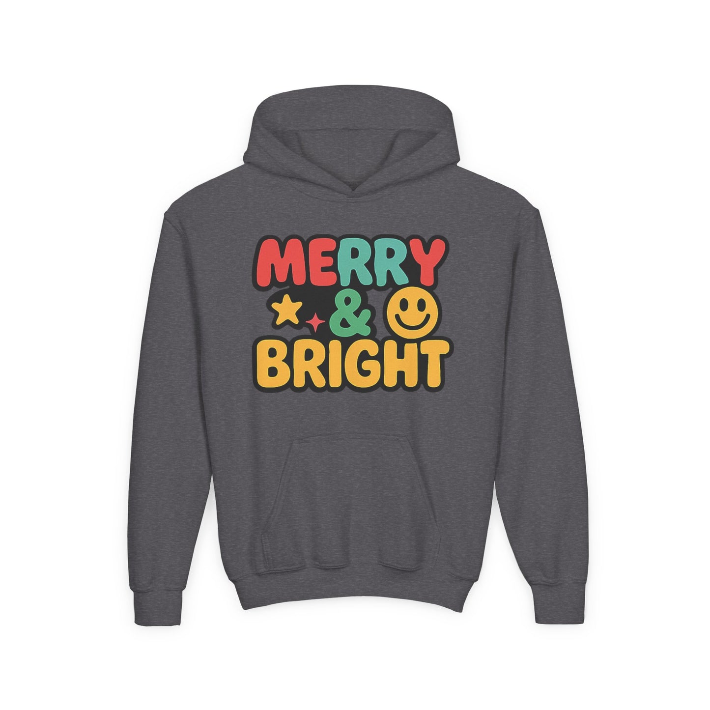 Youth Hoodie — 'Merry & Bright' Colorful Holiday Kids Sweatshirt