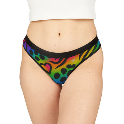 Retro 90’s Rainbow Animal Print Thong — Women's Vibrant Heart & Leopard Print Underwear