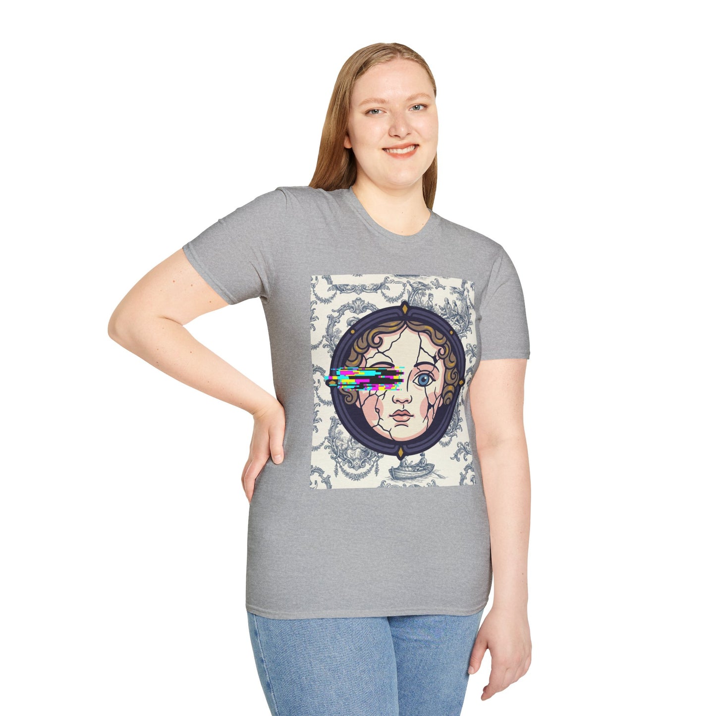 Glitch retro cracked porcelain doll face- Rococo Smartphone Toile - T-Shirt — Retro Mythology Art Tee