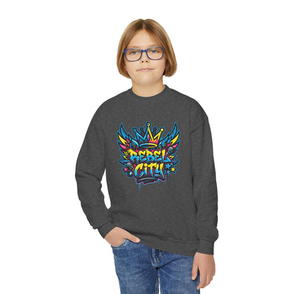 Youth Crewneck spray paint style- Sweatshirt - Colorful Rebel City Graffiti Crown Design