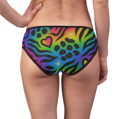 Retro 90’s Rainbow Animal Print Women's Briefs — Neon Leopard & Zebra Hearts All-Over Print