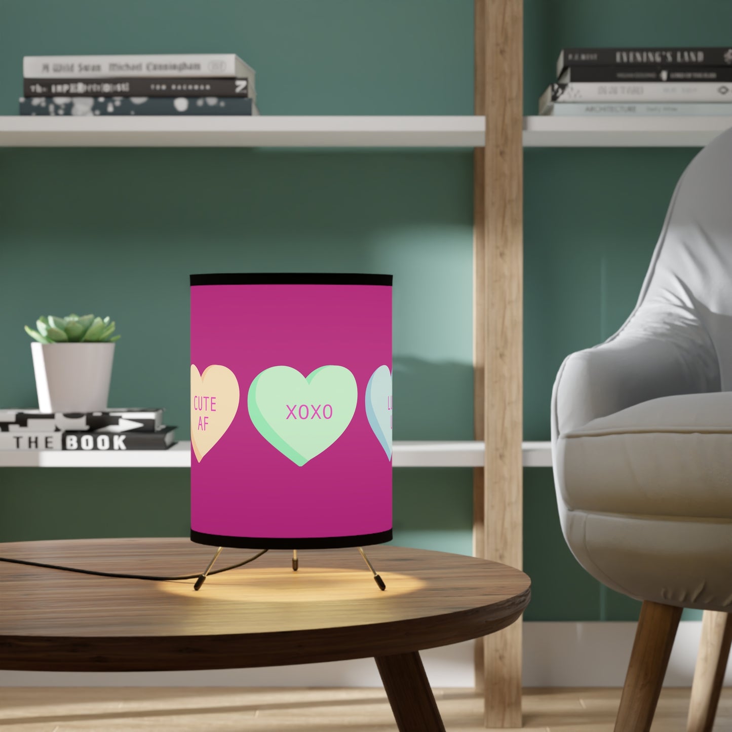 Conversation Heart Tripod Lamp — Cute AF XOXO Printed Shade