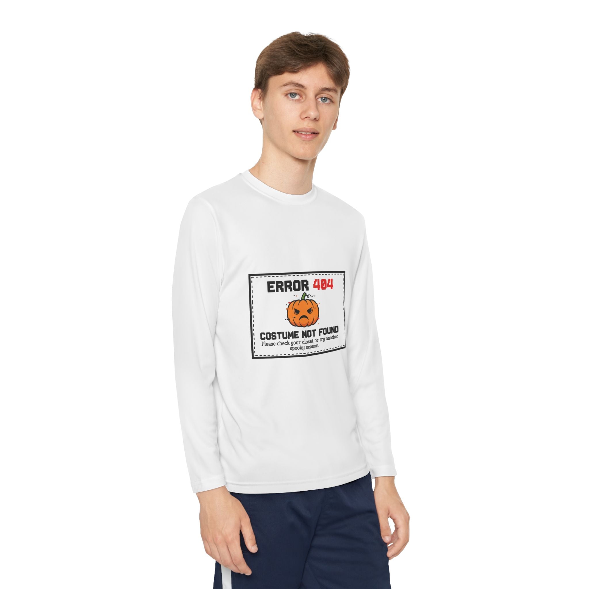 Youth Long Sleeve Halloween Tee, Kids Costume Shirt, Spooky Error 404 Top, Funny Trick-or-Treat Apparel, Halloween Party Outfit