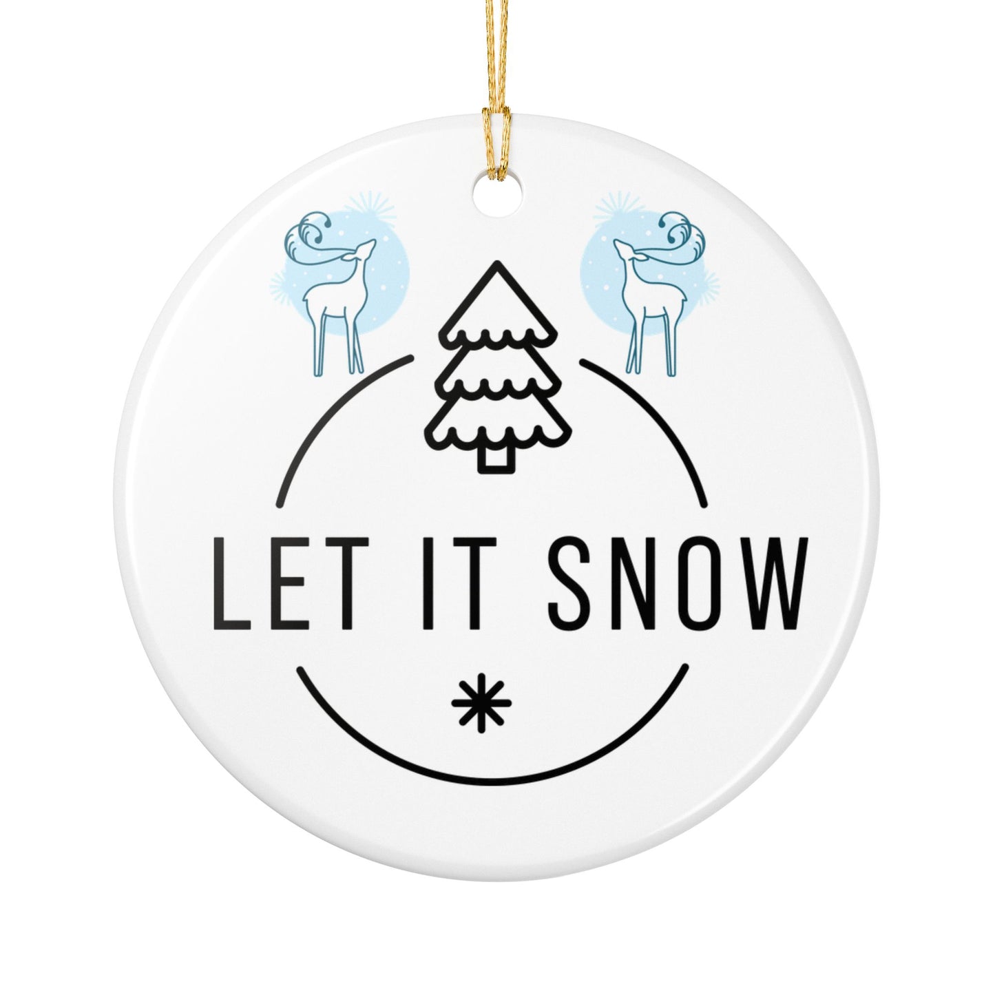 Let It Snow Ceramic Ornament — Blue Holiday Tree & Reindeer Decoration