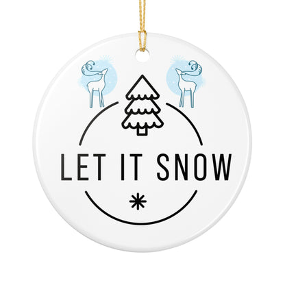Let It Snow Ceramic Ornament — Blue Holiday Tree & Reindeer Decoration