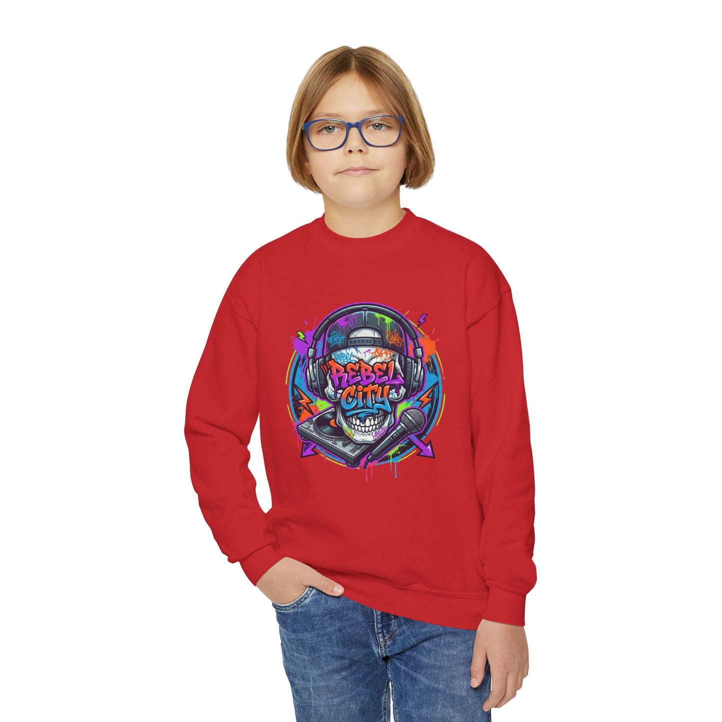 Youth Crewneck Sweatshirt — Neon spray paint rebel Skull 'Rebel With A Cause' Graphic