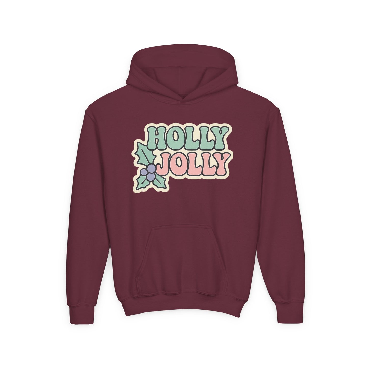 Girls Youth Hoodie — 'Holly Jolly' Pastel Christmas Holiday Sweatshirt