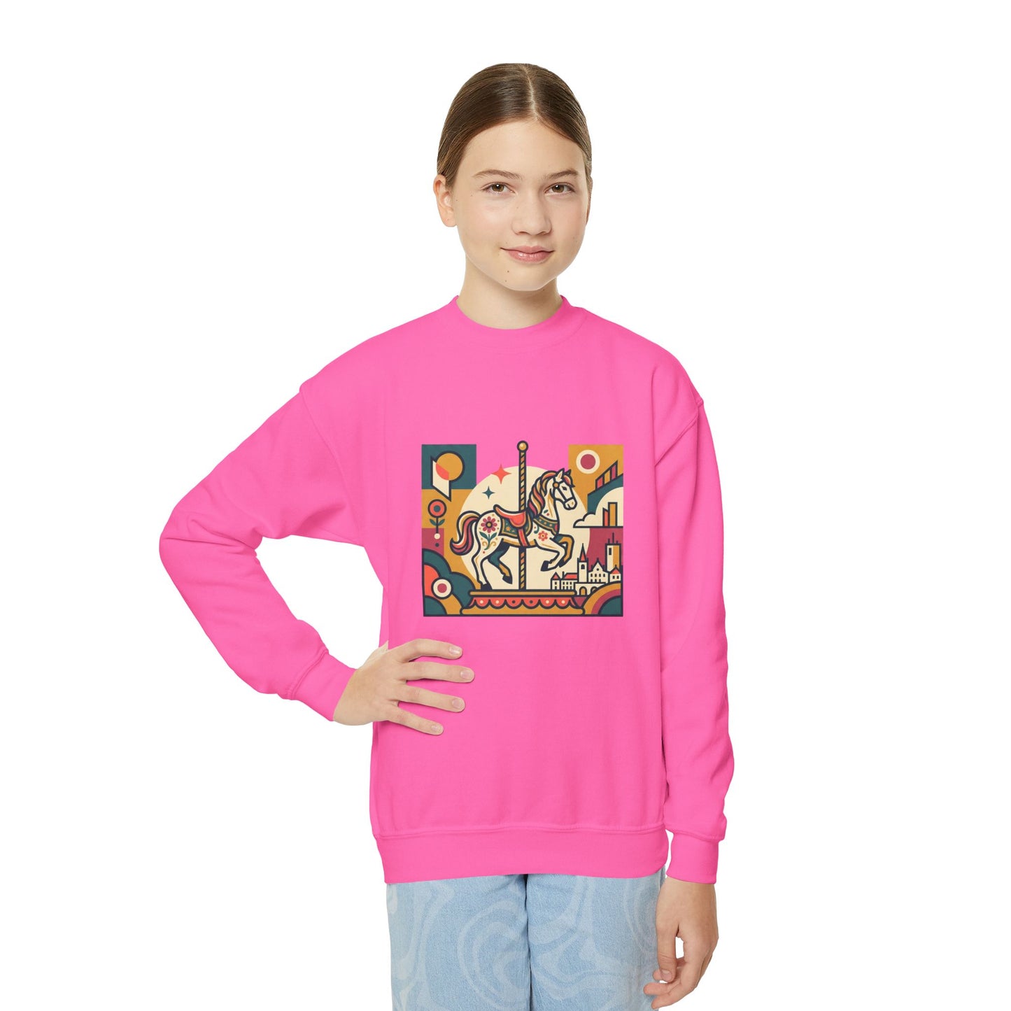 Youth Crewneck Sweatshirt — Retro Carousel Horse Graphic