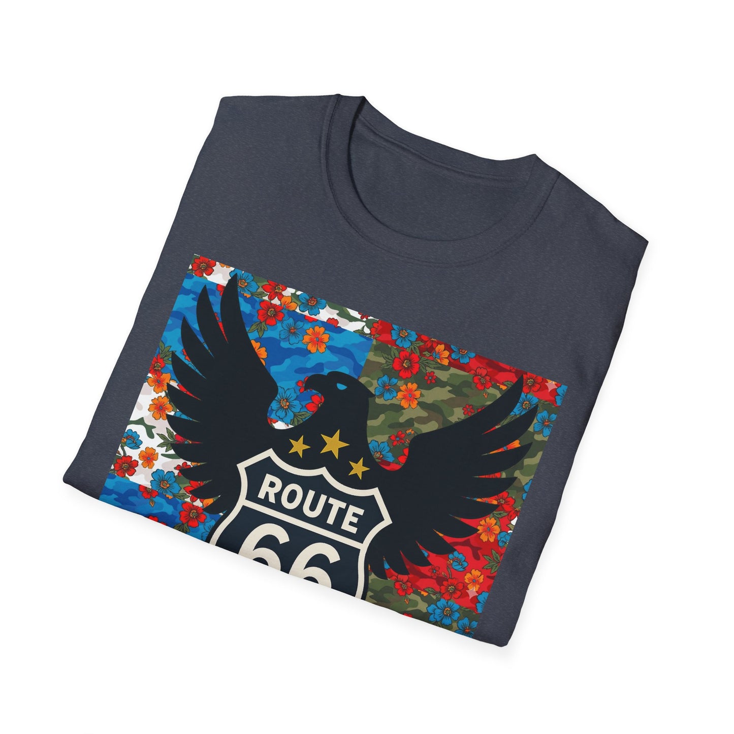 Route 66 Made in USA T-Shirt — Vintage Eagle Floral Roadtrip Tee- camo flower combo T-shirt