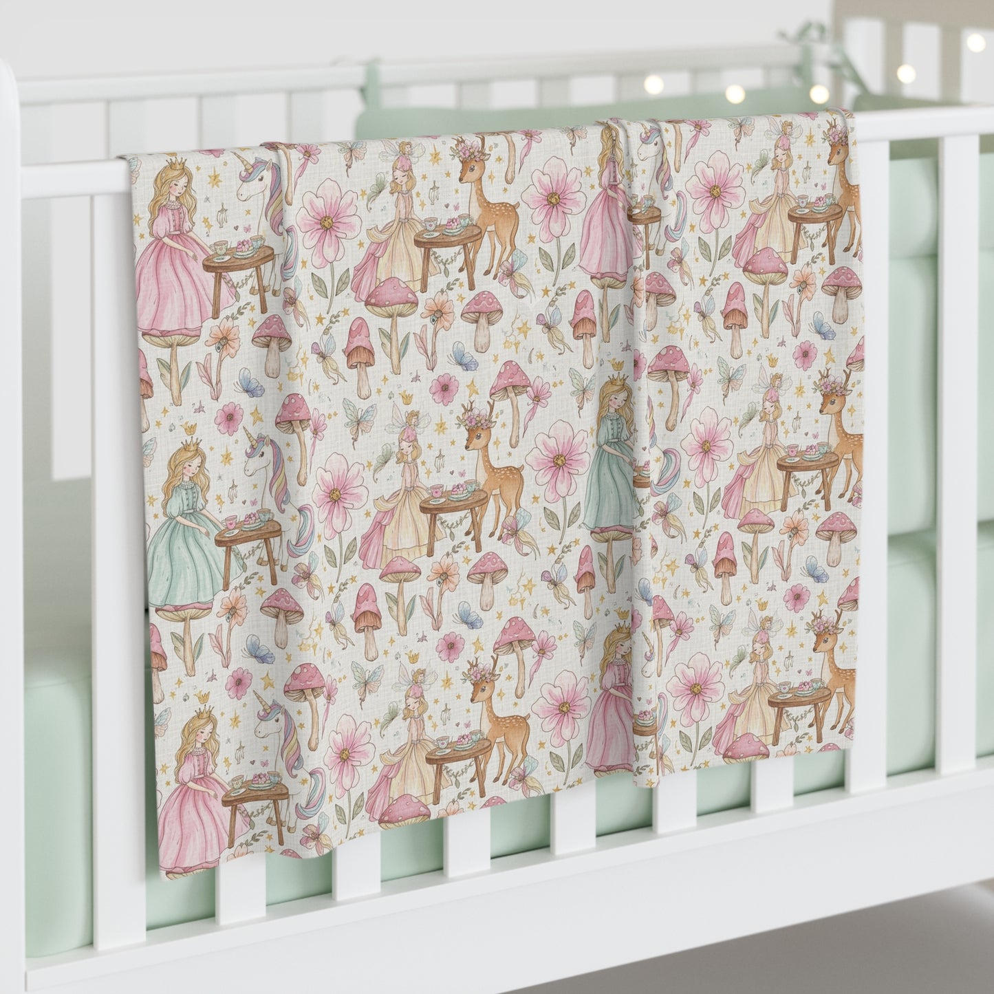 Boho Woodland Fairy Baby Swaddle Blanket — Floral Deer & Mushroom Nursery Wrap