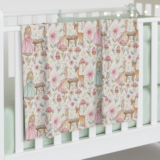 Boho Woodland Fairy Baby Swaddle Blanket — Floral Deer & Mushroom Nursery Wrap