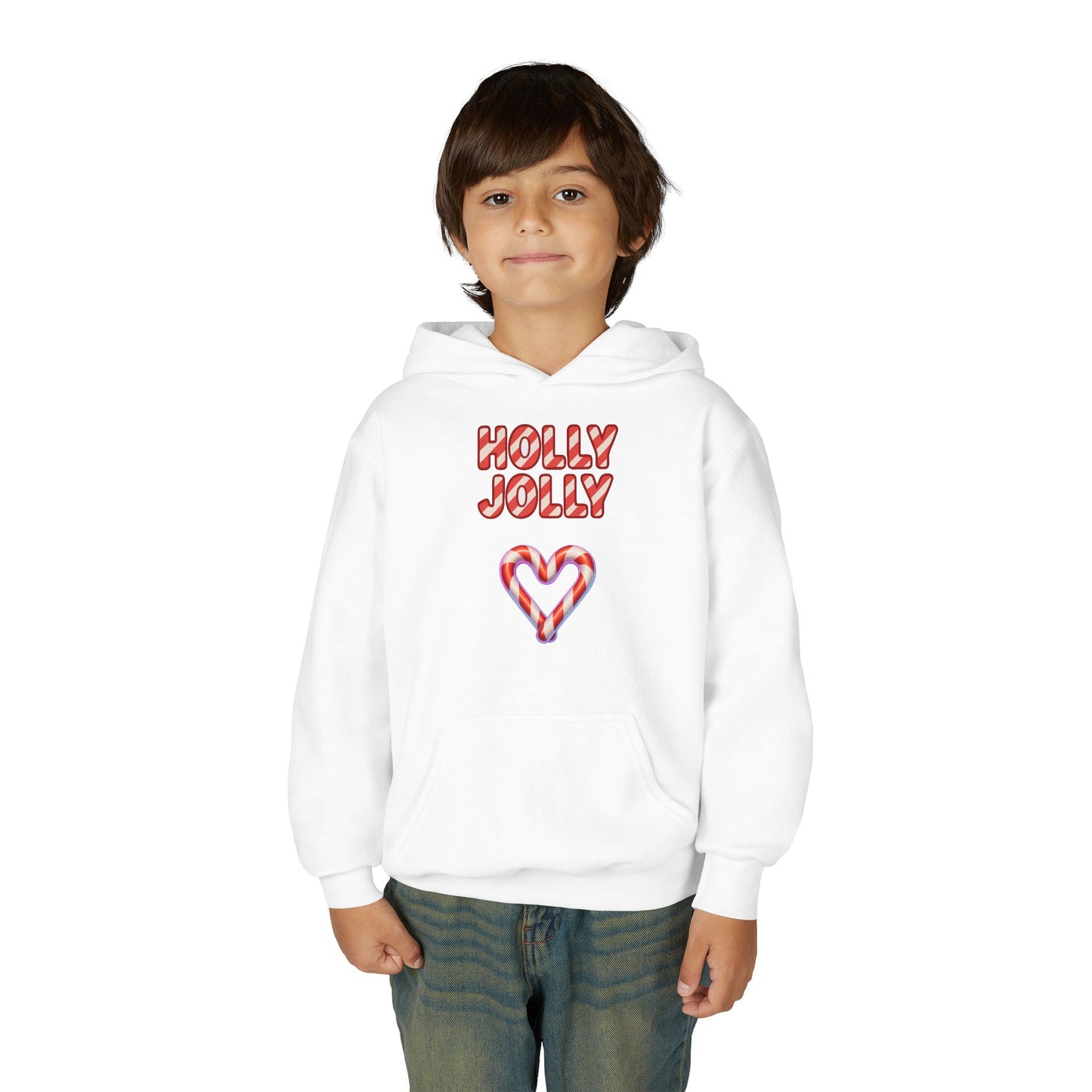 Youth Hoodie — "Holly Jolly" Candy Cane Heart Christmas Sweatshirt