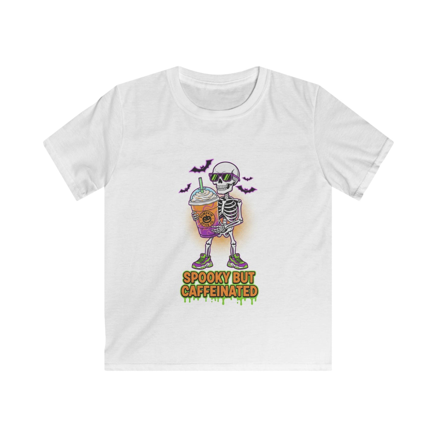 Spooky But Caffeinated Kids Tee, Halloween Costume Shirt, Fun Kids Apparel, Skeleton Graphic Tee, Fall Celebration Clothing