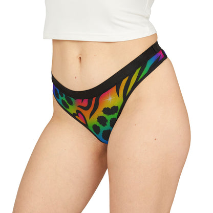 Retro 90’s Rainbow Animal Print Thong — Women's Vibrant Heart & Leopard Print Underwear