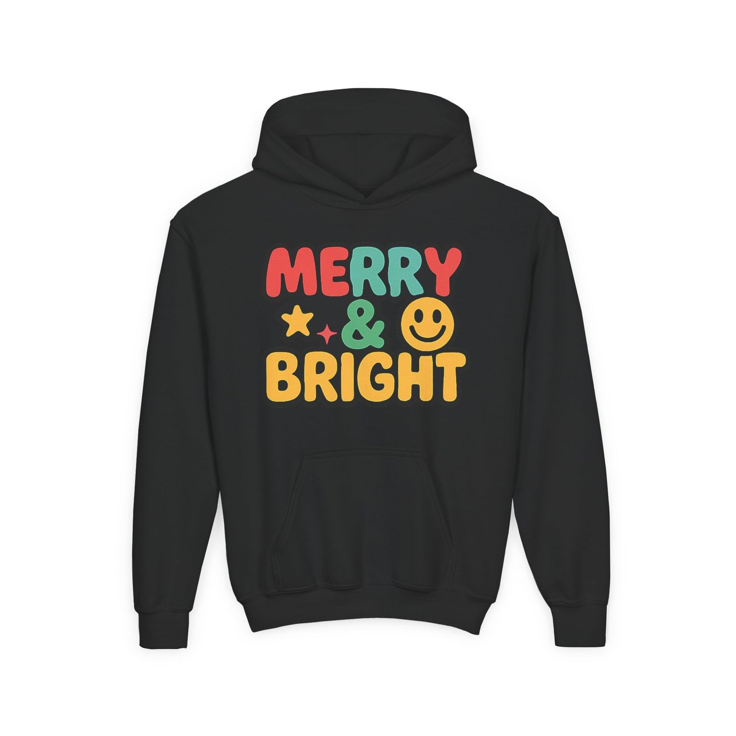 Youth Hoodie — 'Merry & Bright' Colorful Holiday Kids Sweatshirt