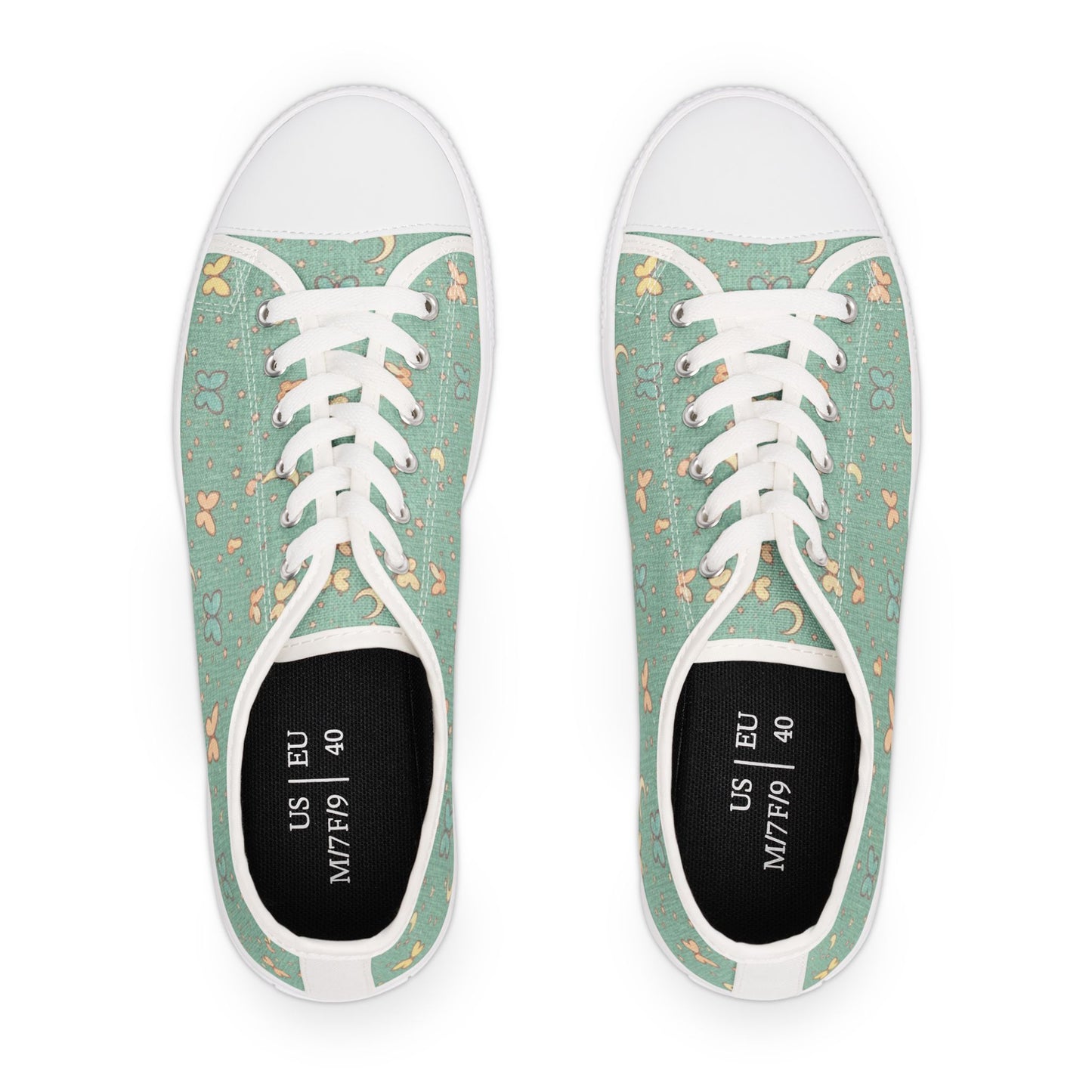 Mint Butterfly Crescent Low Top Sneakers — Women's Casual Floral Pattern Shoes