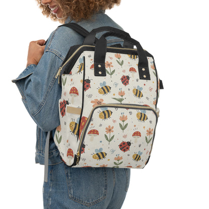 Boho- Cute Bugs Diaper Backpack — Floral Bee & Ladybug Multifunctional Nappy Bag