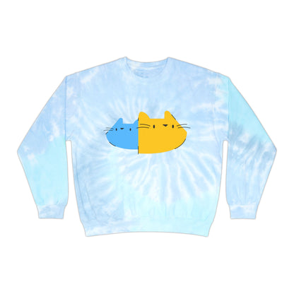 Cute Split Cat Tie-Dye Sweatshirt — Blue & Yellow Cat Graphic Crewneck