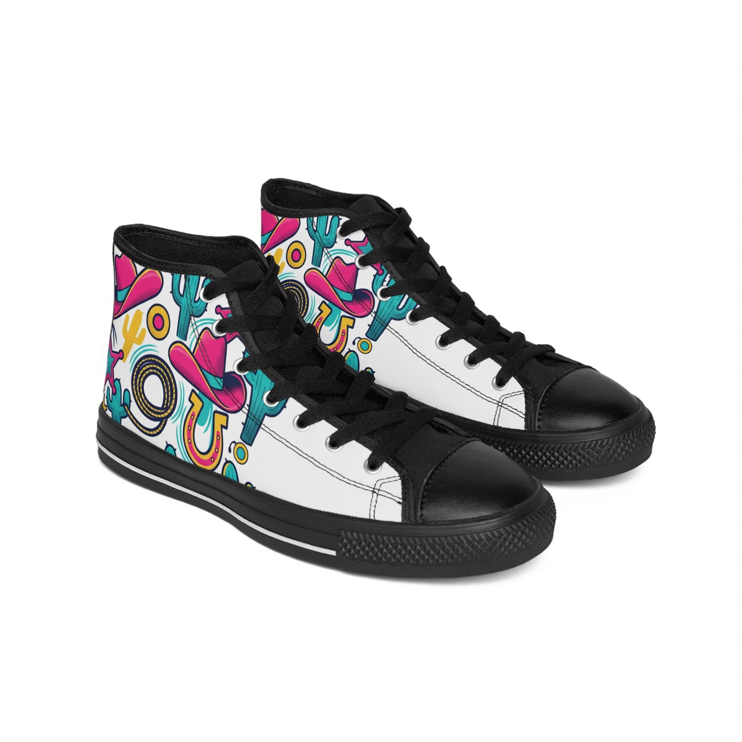 Men's High-Top Sneakers — Colorful Retro Western Pattern (Cowboy Hat, Cactus, Horseshoe) (free shipping)