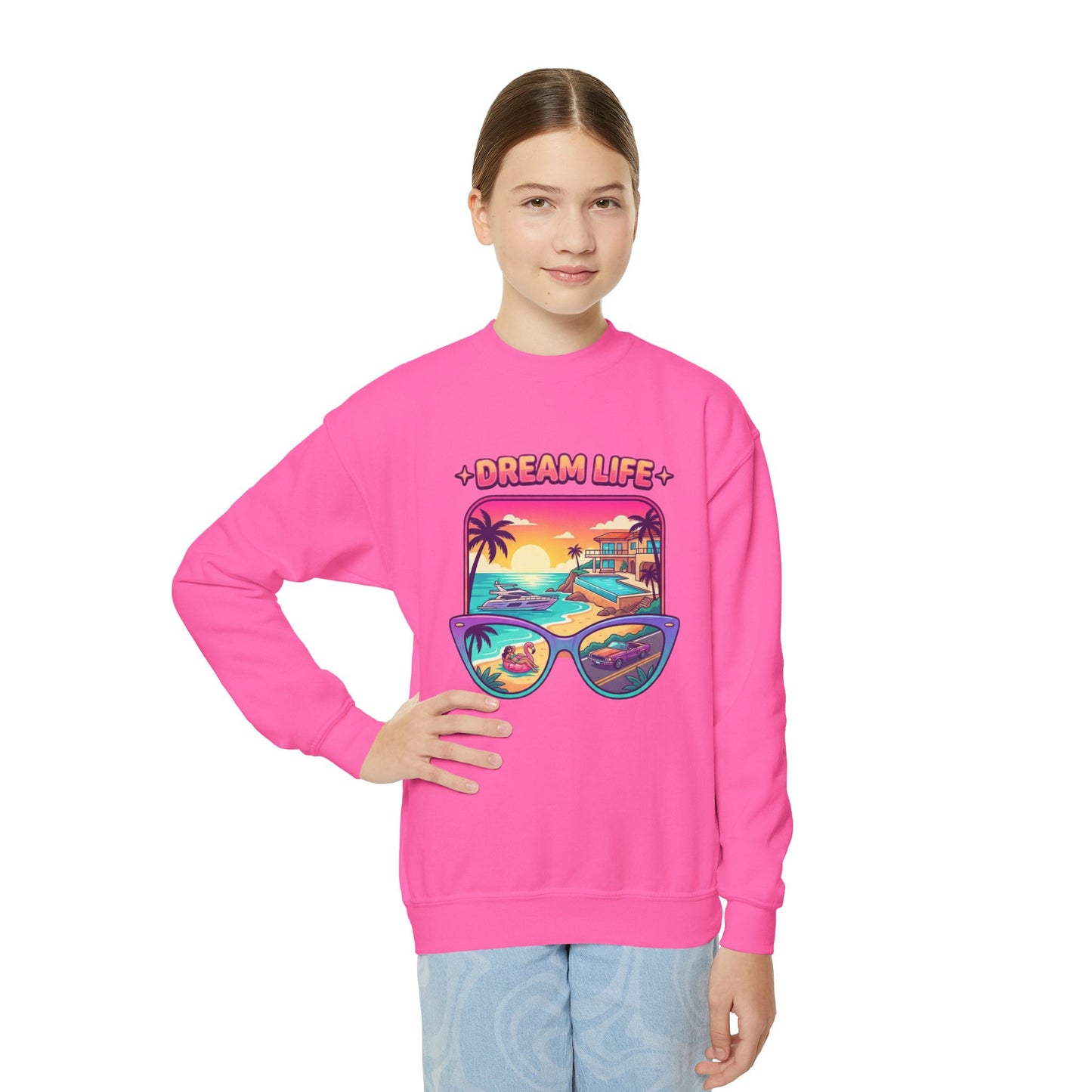 Girls Youth Crewneck Sweatshirt - "Dream Life" Tropical Sunset Graphic