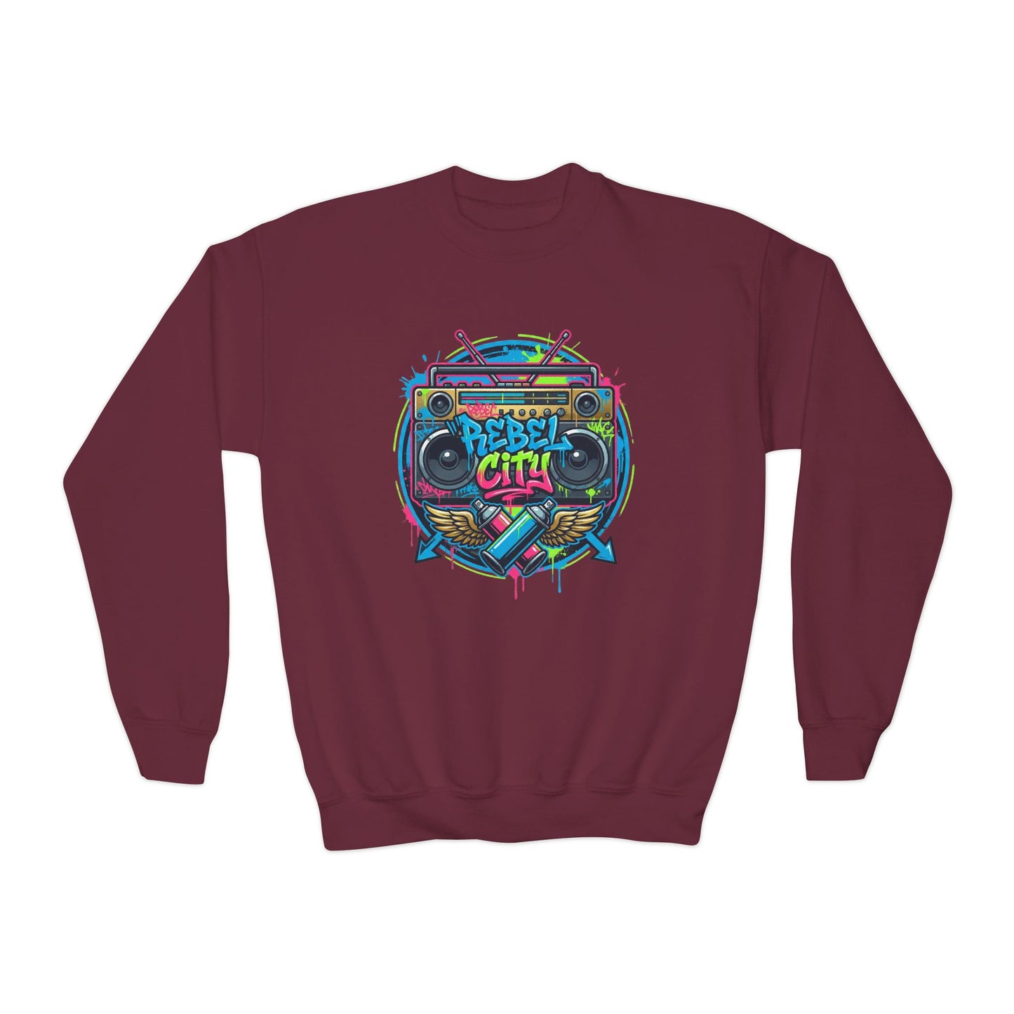 Youth Crewneck Sweatshirt — Vibrant Retro Boombox “Rebel With” spray paint Graphic