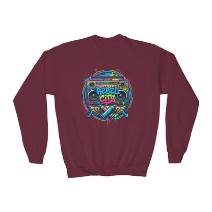 Youth Crewneck Sweatshirt — Vibrant Retro Boombox “Rebel With” spray paint Graphic