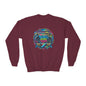 Youth Crewneck Sweatshirt — Vibrant Retro Boombox “Rebel With” spray paint Graphic