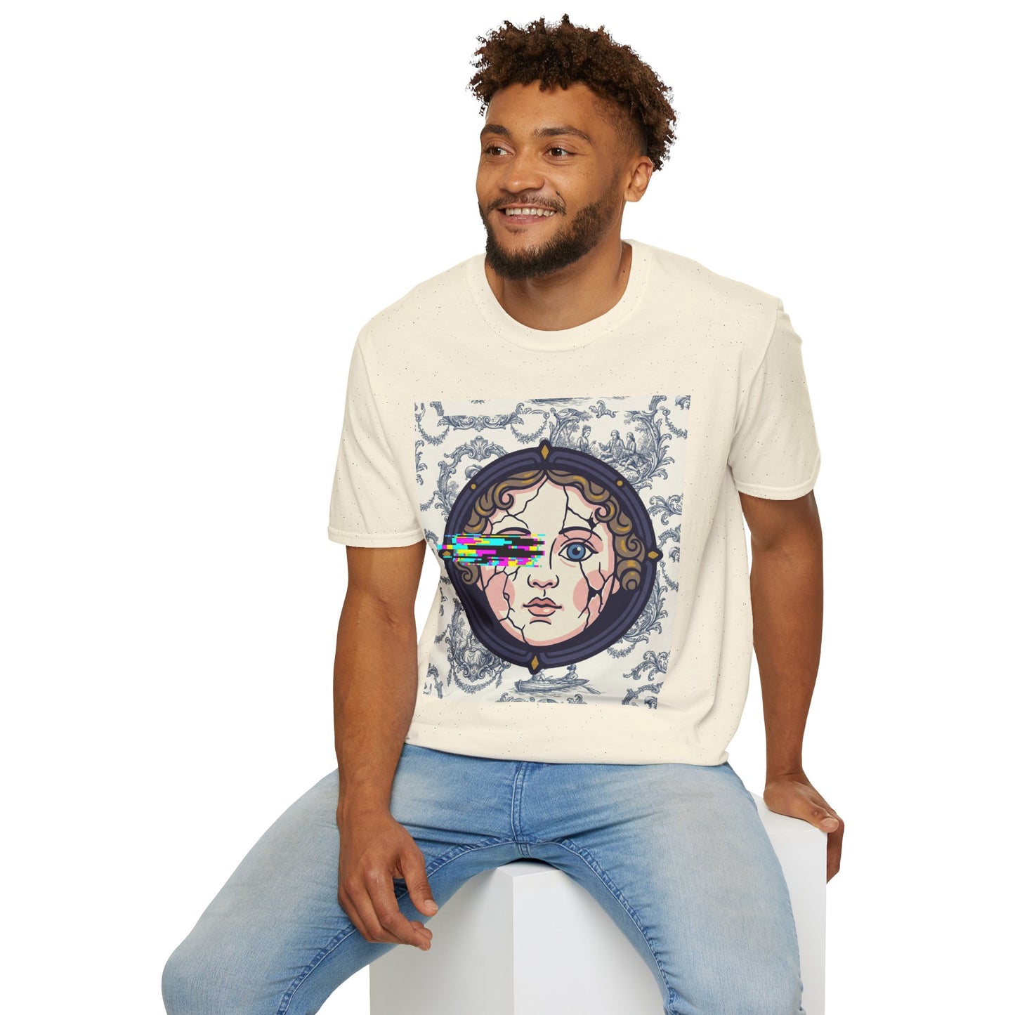 Glitch retro cracked porcelain doll face- Rococo Smartphone Toile - T-Shirt — Retro Mythology Art Tee
