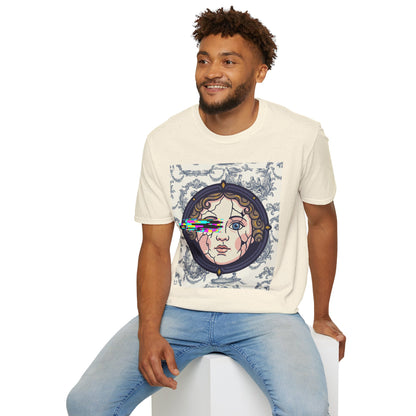Glitch retro cracked porcelain doll face- Rococo Smartphone Toile - T-Shirt — Retro Mythology Art Tee