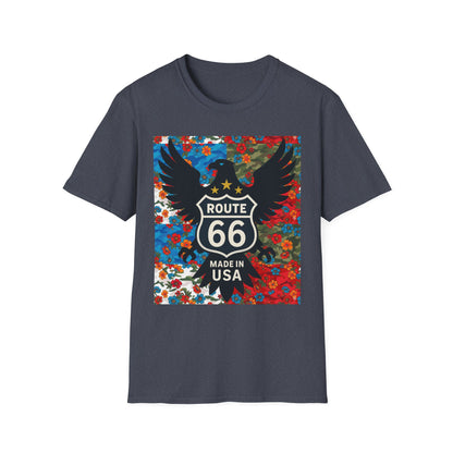 Route 66 Made in USA T-Shirt — Vintage Eagle Floral Roadtrip Tee- camo flower combo T-shirt