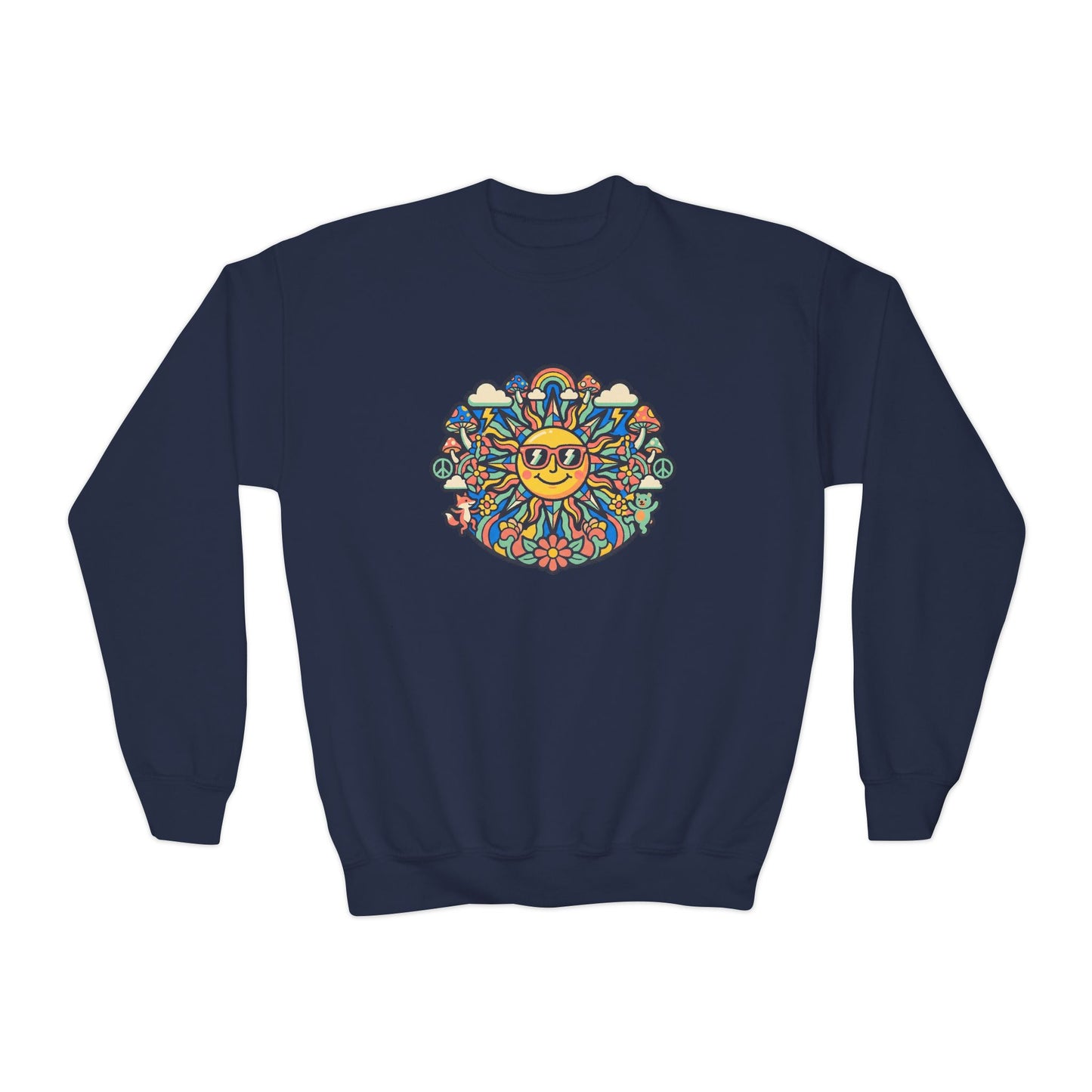 Youth Y2K Aesthetic - Crewneck Sweatshirt — Colorful Retro Sun & Floral Graphic